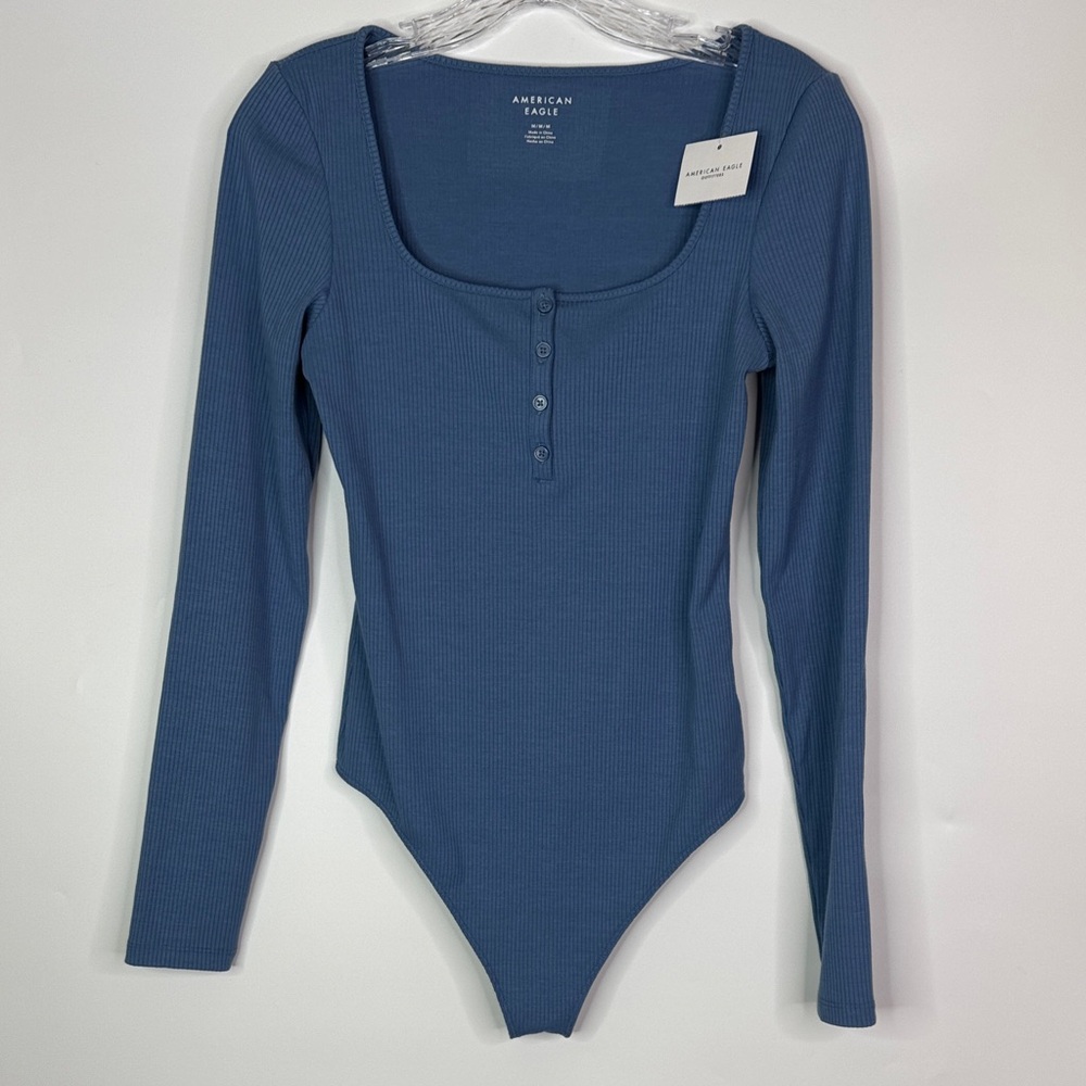 American Eagle Blue Long Sleeve Henley Bodysuit Size Medium NWT